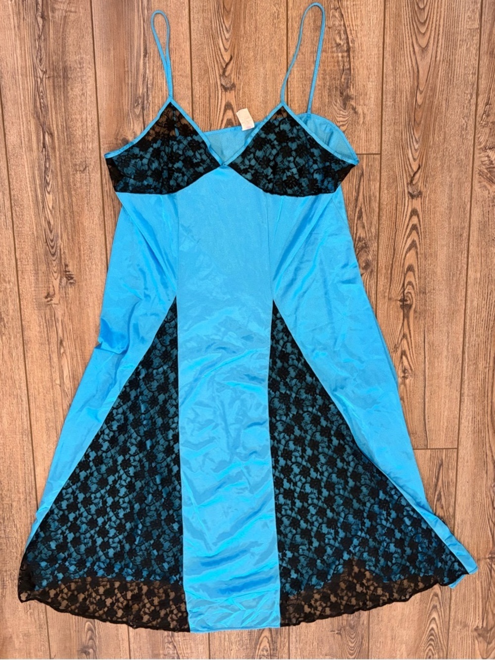 Vintage Blue & Black Lace Nylon Slip Dress Nightgown USA Made - Picture 2 of 9